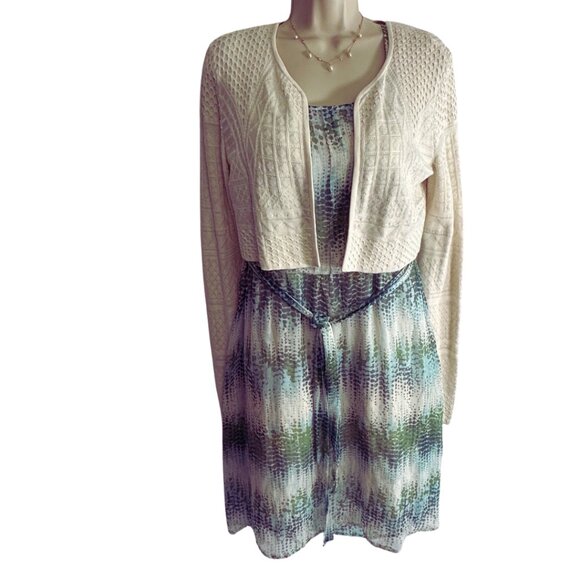 ESPRIT SILK DRESS Garden Fairy Sheer Green & Blue Floral Vines Print Lined 12 US - Picture 3 of 8